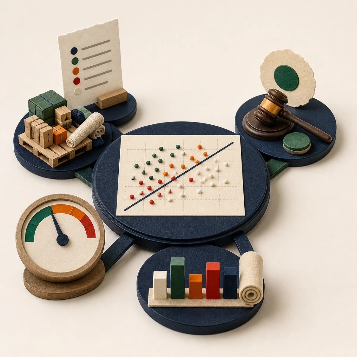 A tactile miniature market table with recorded-sale evidence, inventory, a scatterplot, category bars, and an acquisition-cost gauge.